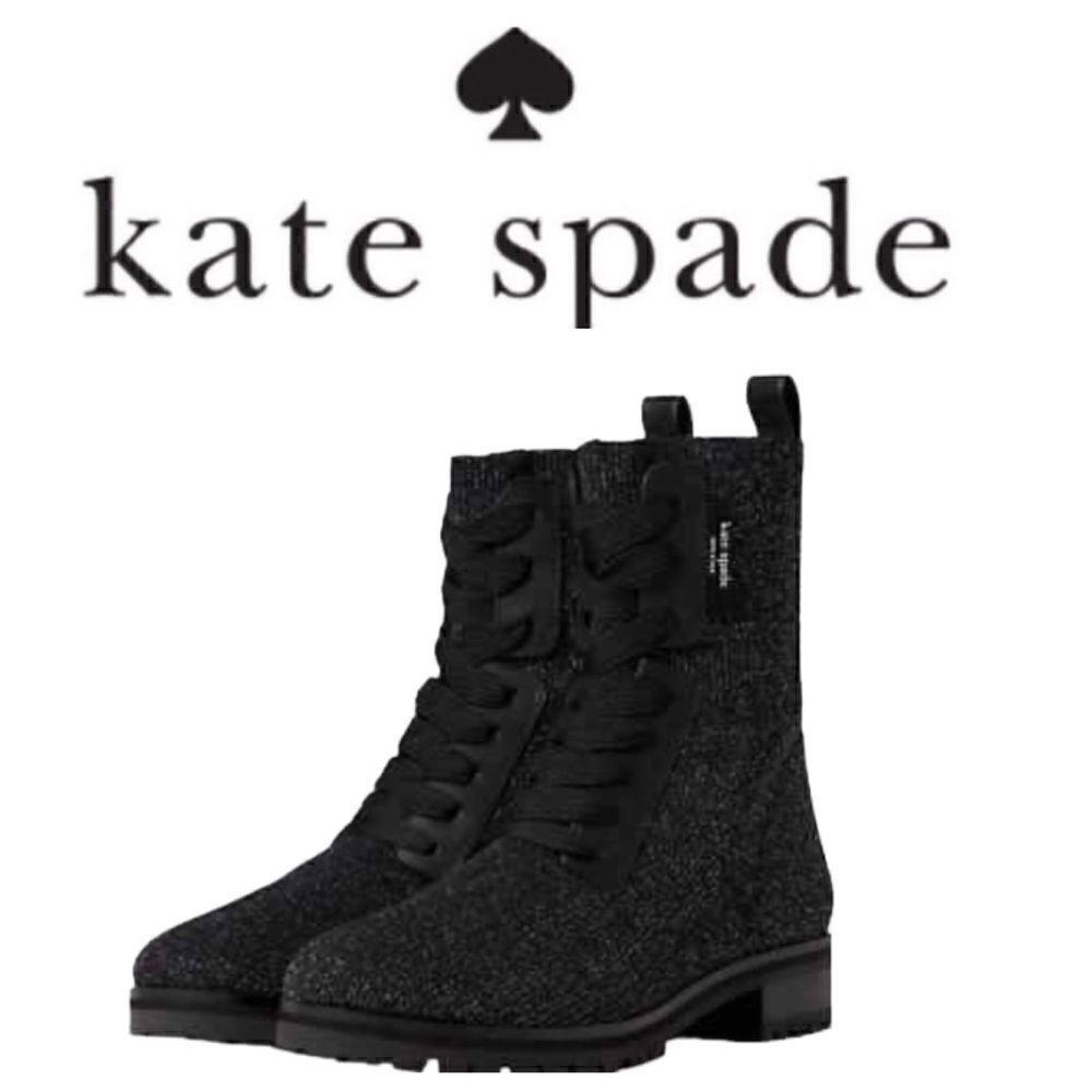 Kate Spade Merigue Knit Combat Boots Black Silver Sparkle Size 7.5